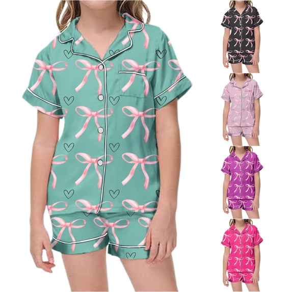 Gunia 2 Piece Toddler Girls Bow Pajamas Soft Cute Printed Button Up Short Sleeve Tops And Shorts Pajama Set Breathable Nightwear Pjs Loungewear Mint Green 4-5 Years