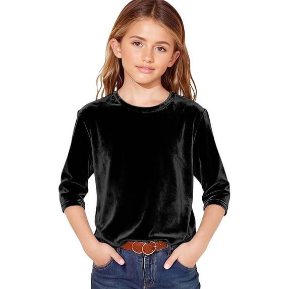 Gunia 3/4 Sleeve Shirts For Girls Velvet T Shirt Soft Round Neck Casual Top Toddler Kids Comfortable Basic Tee Tshirts 3-14 Years