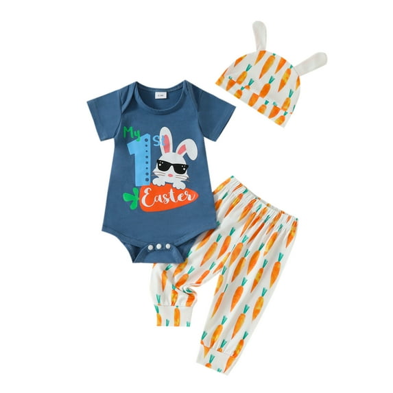 Gunia Baby Easter Outfit Boy Short Sleeve Cartoon Prints T Shirt Tops Pants Hat Child Kids 3Pc Set Outfits Clothes Clothes Set 3-6 Months