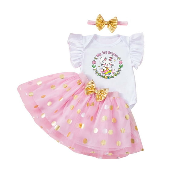 Gunia Baby Girl Easter Outfit 3 Piece Set: Bunny Print Romper Flutter Sleeve Top Skirt And Bow Breathable Beautiful Streetwear