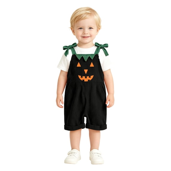 Gunia Baby Girl Halloween Outfit Corduroy Casual Toddler Romper With Pumpkin Face One Piece Jumpsuit Outfits Black 12-18 Months