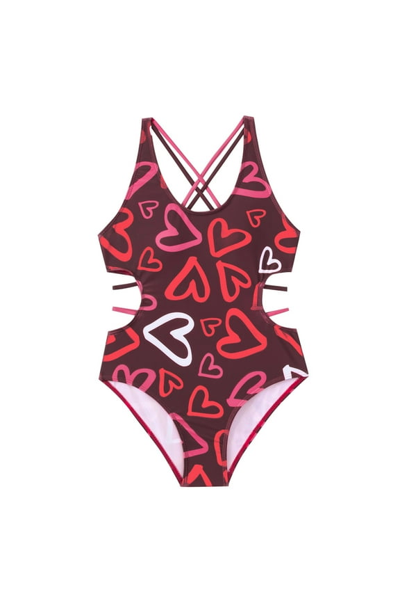 Baby Girl Swimsuit Cute 1 Piece Heart Print Beach Breathable Swimwear,Size 11-12 Years