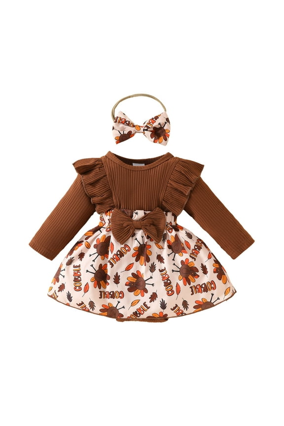 Gunia Baby Girl Thanksgiving Outfit Long Sleeve Romper Bodysuit Cartoon Prints Bell Bottoms Pants Girls Outfits,Brown 3-6 Months