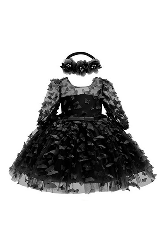 Baby Girls Formal Dress Infant Long Sleeve Prints Birthday Princess Newborn Clothes Headbands Wedding Black Dress For Girls 0-24 Months