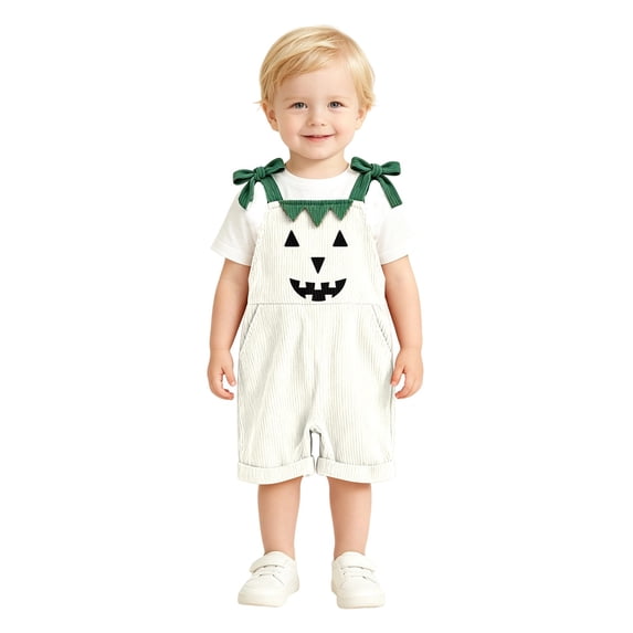 Gunia Baby Girls Halloween Outfit Corduroy Casual Toddler Romper With Pumpkin Face One Piece Jumpsuit Outfits White 12-18 Months