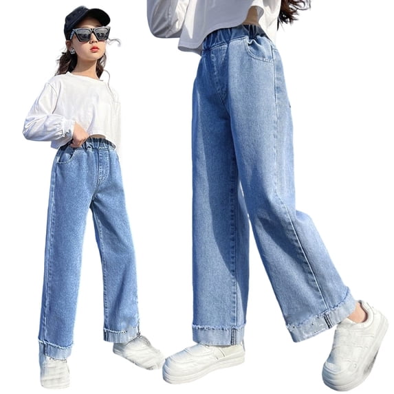 Gunia Baggy Jeans For Girls Casual Elastic Waist Straight Leg Kids Spring Summer Wear Comfortable Loose Fit Toddler Teen Girl Denim Pants 3-14 Years