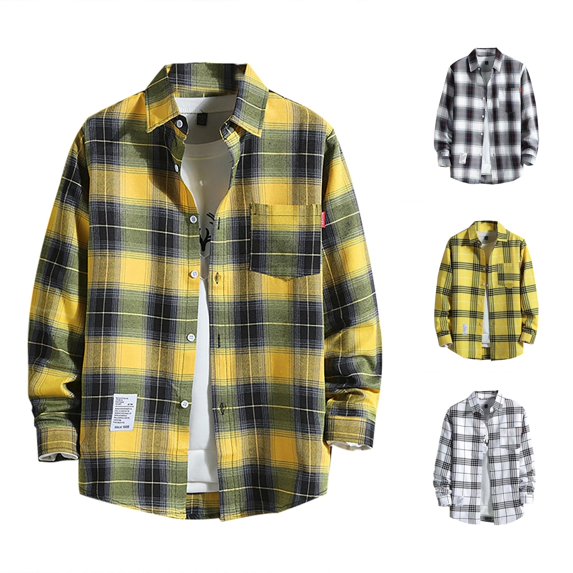 Gunia Big And Tall Shirts For Men Button Down Casual Printed Shirt Autumn Winter Long Sleeved Single Lapel Plaid Shirt Tops Men'S Shirts Yellow 2Xl