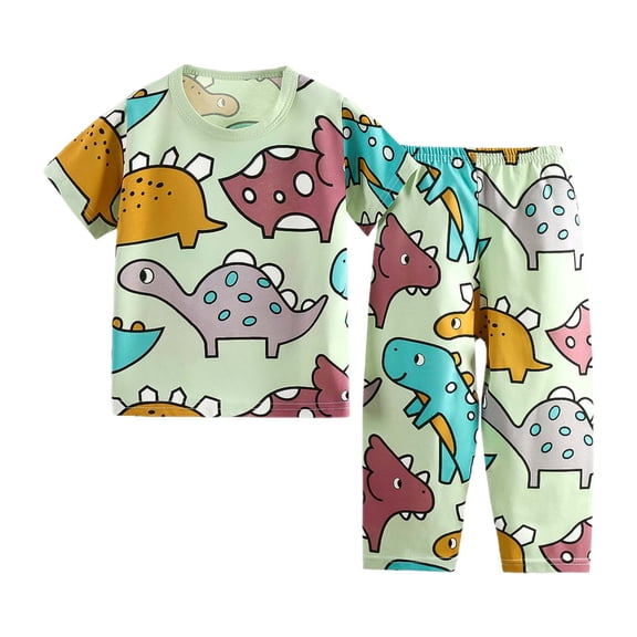 Gunia Boy Pajamas Children Home Wear Cartoon Cute Girls Short Sleeve Tops Pants Set 3-14Y Pjs Light Green 6-7 Years