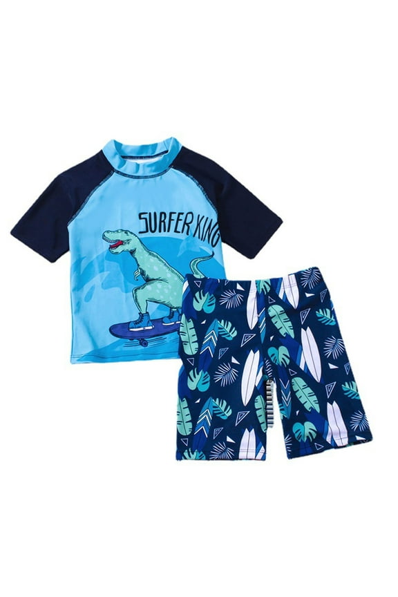 Boys Bathing Suit Swimsuit 3 Piece Swim Set Dinosaur Print Short Sleeve Swim Shirt Trunks Rash Guard Holiday Beach Swimwear 6-7 Years