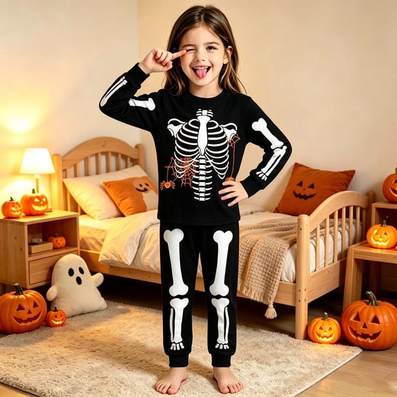 Gunia Boys Girls Halloween Pajamas Skeleton Print Long Sleeve Top And Pants 2 Piece Pj'S Sleepwear Jammies Black