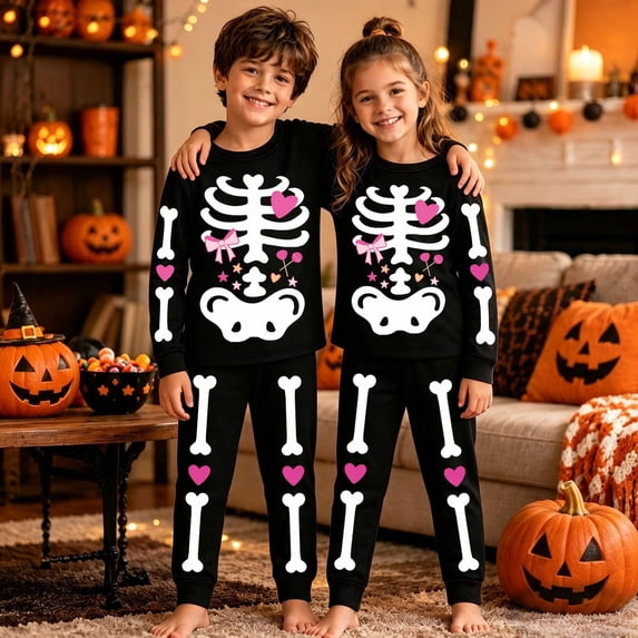 Gunia Boys Girls Halloween Pajamas Skeleton Print Long Sleeve Top And Pants 2 Piece Pj'S Sleepwear Loungewear Black
