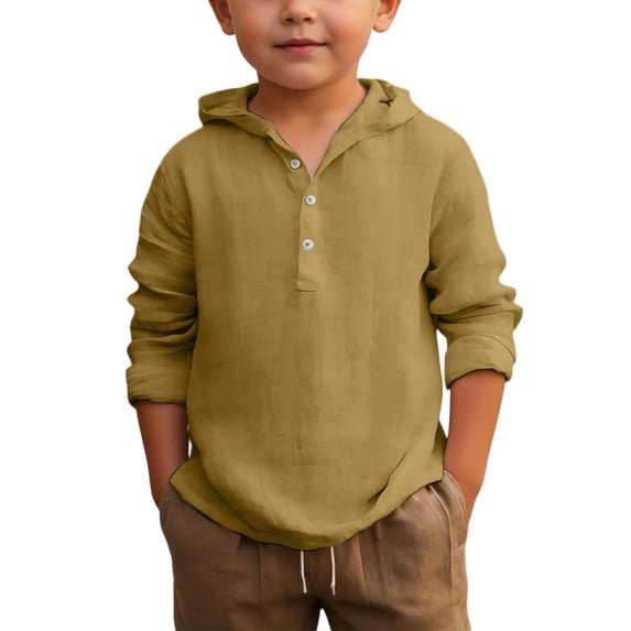 Gunia Boys Summer Hooded Shirt Long Sleeve Button Down Beach Top Breathable Solid Color Casual Wear For Teen Youth Children 4-17 Years