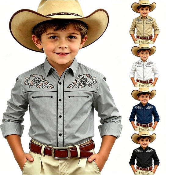 Gunia Boys Western Cowboy Shirts Children Fashion Chest Print Casual Large Sized Long Sleeved Collar Shirt Boys T-Shirts Grey 10-11 Years