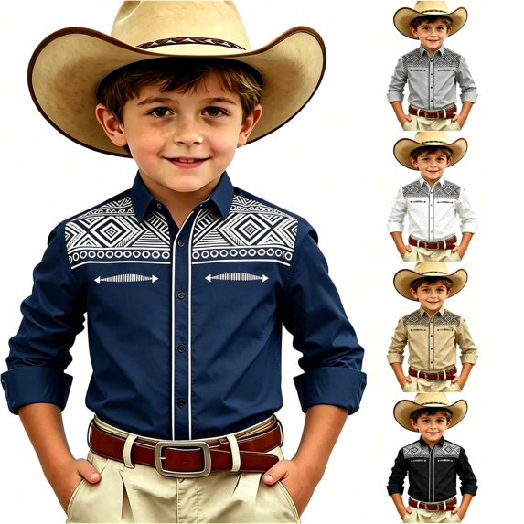 Gunia Boys Western Cowboy Shirts Children Fashion Chest Print Casual Large Sized Long Sleeved Collar Shirt Boys T Shirts Navy 10-11 Years