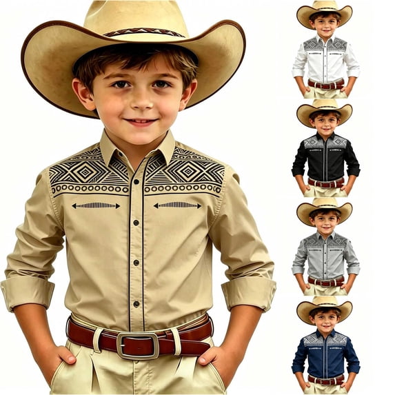 Gunia Boys Western Cowboy Shirts Children Fashion Chest Print Casual Large Sized Long Sleeved Collar Shirt Toddler Boys T-Shirts Khaki 4-5 Years