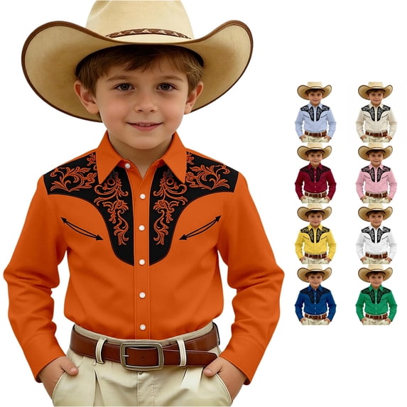 Gunia Boys Western Cowboy Shirts Denim Button Long Sleeve Casual Tops Shirts For Boys Orange 10-11 Years