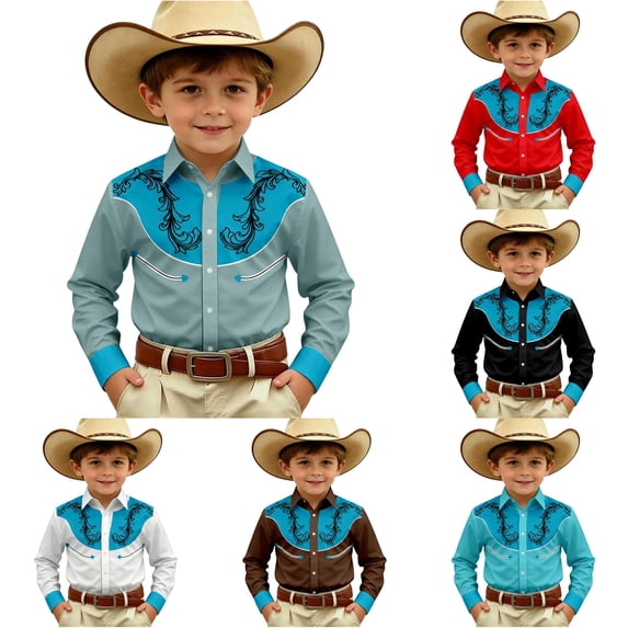 Gunia Boys Western Cowboy Shirts Long Sleeve Print Shirt Tops Casual Button Up Blouse Youth Boys T-Shirts Army Green 6-7 Years