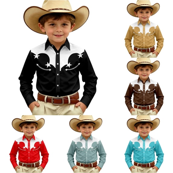Gunia Boys Western Cowboy Shirts Long Sleeve Print Shirt Tops Casual Button Up Blouse Youth Boys T Shirts Black 12-13 Years