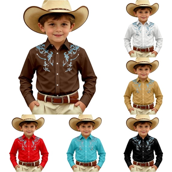 Gunia Boys Western Cowboy Shirts Long Sleeve Print Shirt Tops Casual Button Up Blouse Youth Boys T Shirts Brown 12-13 Years