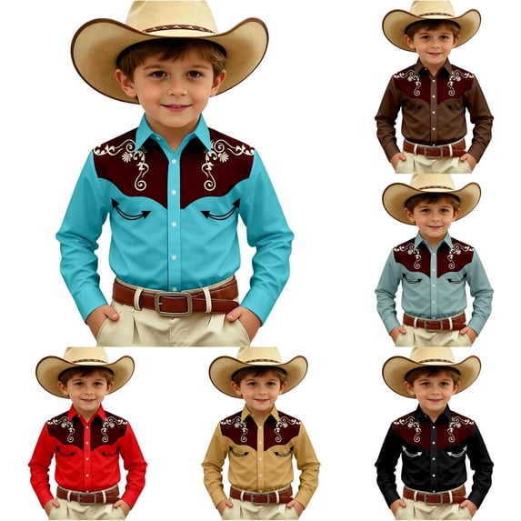 Gunia Boys Western Cowboy Shirts Long Sleeve Print Shirt Tops Casual Button Up Blouse Youth Boys T Shirts Sky Blue 10-11 Years