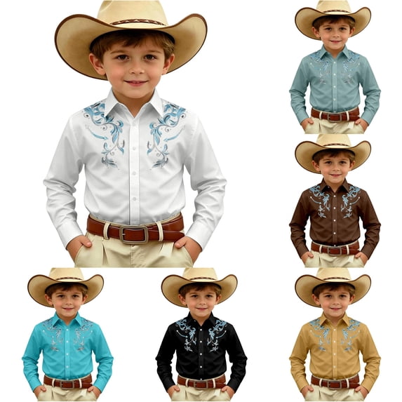 Gunia Boys Western Cowboy Shirts Long Sleeve Print Shirt Tops Casual Button Up Blouse Youth Boys T Shirts White 6-7 Years