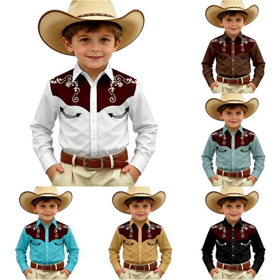 Gunia Boys Western Cowboy Shirts Long Sleeve Print Shirt Tops Casual Button Up Blouse Youth Tshirt Toddler Boys White 4-5 Years