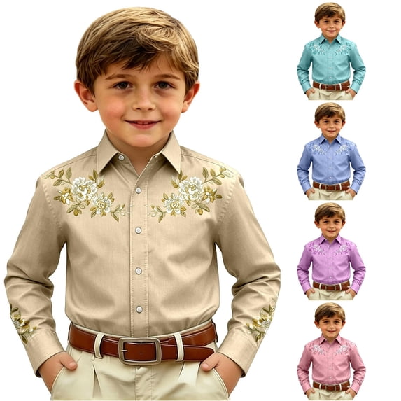 Gunia Boys Western Cowboy Shirts Tops Kids Casual Plaid Button Front Tshirt Boys Beige 12-13 Years