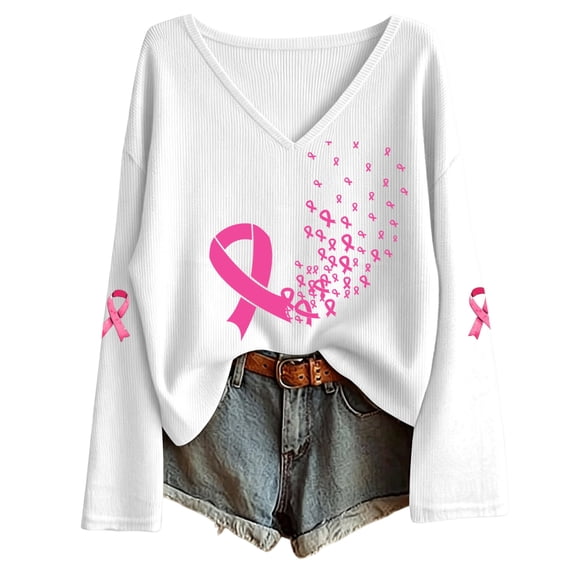 Gunia Cancer T Shirt Women Pink Ribbon Cancer Awareness Gifts Long Sleeve V Neck Shirts Trendy Fall Tops,Size S-3Xl