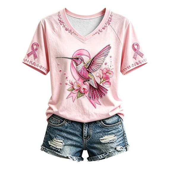 Gunia Breast Cancer T Shirts For Women Pink Ribbon Breast Cancer Awareness Gifts Short Sleeve V Neck Shirt Fashion Fall Tops,Size S-3Xl