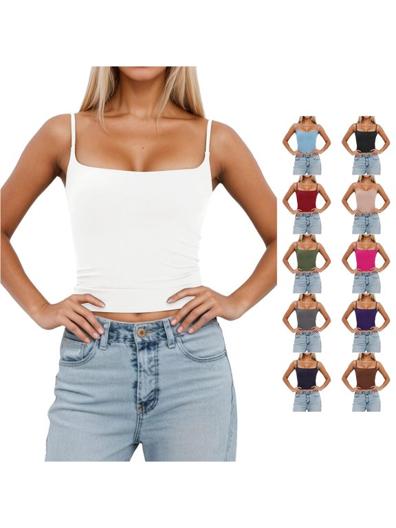 Built In Bra Spaghetti Strap White Tank Top Women Slim Fit Sleeveless With Removable Padding Adjustable Strap Camisole For Layering Casual Wear Summer Tank Tops For Women