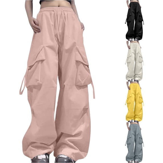 Gunia Cargo Pants For Women Relaxed Fit Baggy Black Pants High Waist Zipper Slim Drawstring Waist With Pockets Loose Plus Size Summer Trousers