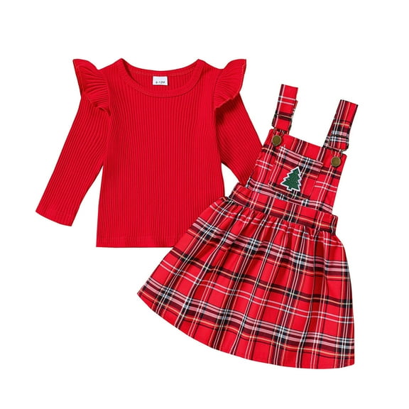 WeeBloom Christmas Clothes Christmas Long Sleeve Ribbed T Shirts Tops Xmas Plaid Printed Suspender Skirts Outfits Christmas Baby Girl Outfit,Red 2-3 Years
