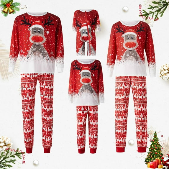 Gunia Christmas Matching Pajamas For Family Sets Red Deer Print Long Sleeve Crewneck With Velvet Suit Mom Loungewear Nightwear For Holiday Festivals Party