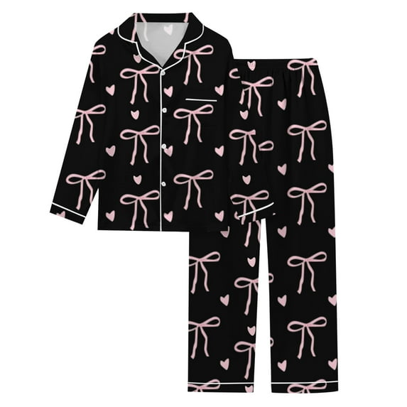 Gunia Comfy Pajamas For Women Set Bow Printed Long Sleeve Lapel Loose For Valentine's Day Loungewear Nightwear