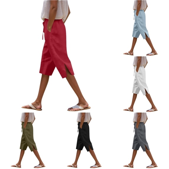 Gunia Cotton Linen Pants Women Capri Pants Capris Beach Cropped Trousers Drawstring Side Split Casual Ladies Pant Vacation Summer Pants