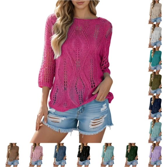 Gunia Crochet Coverups For Women Hollow Out Lightweight Knit Short Sleeve Tee Top Sweater Beach Cover Up