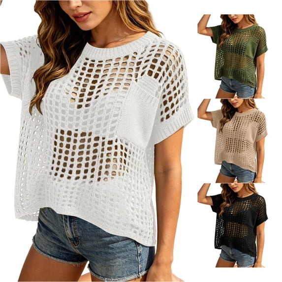 Gunia Crochet Tops For Women Summer Short Sleeve Hollow Out Pullover Knit Sweater Top Beach Cover Up