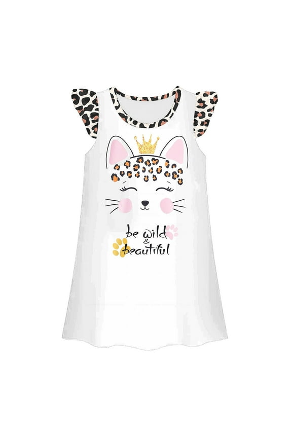 Cute Girls Nightgowns Summer Dress Casual Round Neck Sleeveless Loose Fit Home Wear Comfortable Play Outfits For Toddler Kids Age 3-10 Years Sleepwear Pajama Sleep Dress Nightshirts White