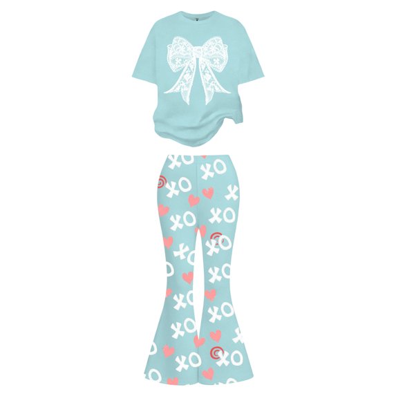 Gunia Cute Outfits For Girls Valentine'S Day Outfit With Bow Heart Print Short Sleeve Top Flare Leg Pants Casual 2 Piece Breathable Clothes Set Girls Summer Outfits 7-13 Years