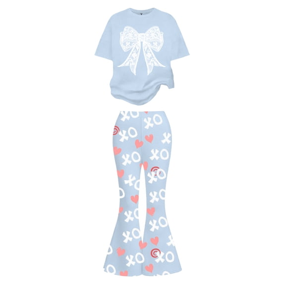 Gunia Cute Outfits For Girls Valentine'S Day Outfit With Bow Heart Print Short Sleeve Top Flare Leg Pants Casual 2 Piece Soft Clothes Set Girls Summer Outfits 7-13 Years