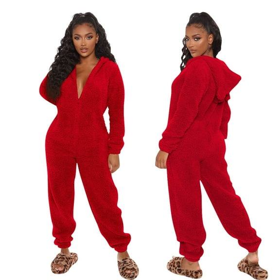 Gunia Cute Pajama Sets For Women Cozy Long Sleeve Hooded Jumpsuit Winter With Long Pants Homewear Red L