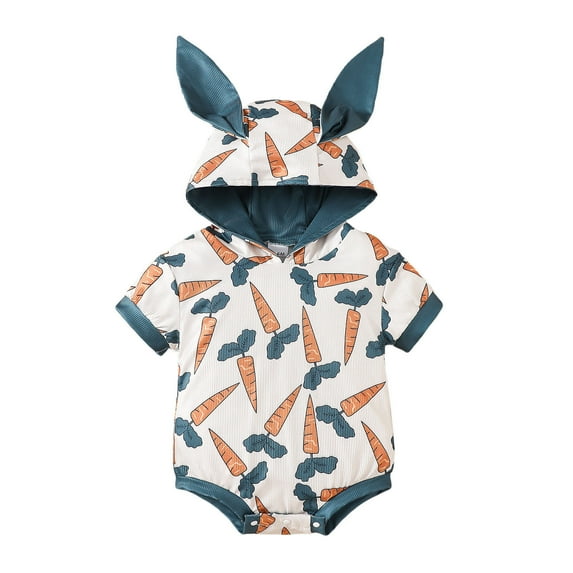 Gunia Easter Baby Girl Outfit Boys Short Sleeve Cartoon Carrot Prints Hooded Romper Bodysuits Clothes Set 0-18 Months