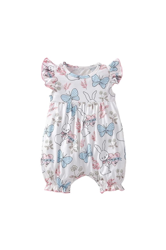 Easter Baby Girl Outfit Summer New Ruffle Sleeve Full Print Rabbit Jumpsuit Bunny Jumpsuit Cartoon Cloth Romper Clothes Set 0-15 Months