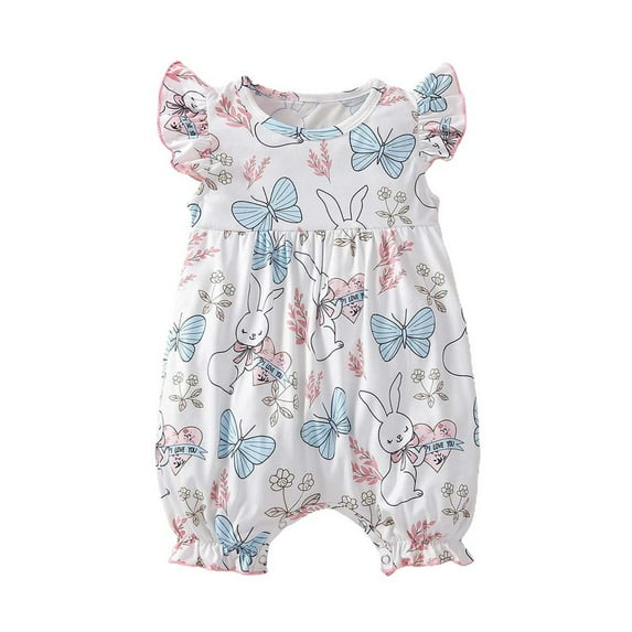 Gunia Easter Baby Girl Outfit Summer New Ruffle Sleeve Full Print Rabbit Jumpsuit Bunny Jumpsuit Cartoon Cloth Romper Clothes Set 0-15 Months
