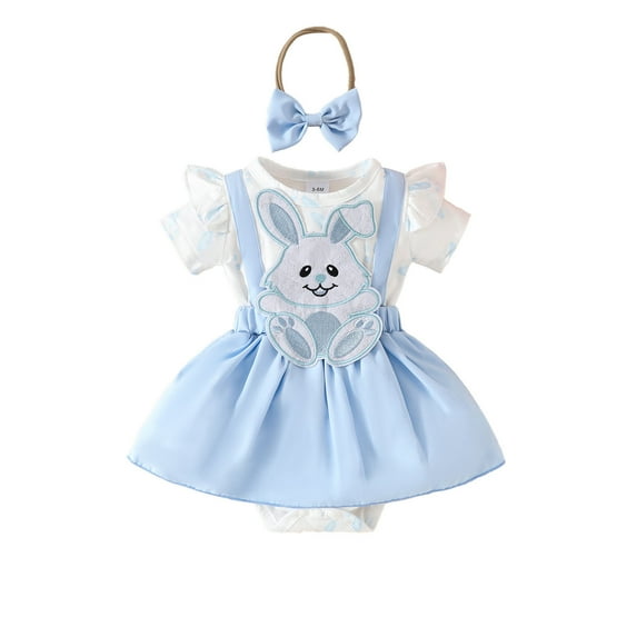 Gunia Easter Outfit Toddler Girl Short Sleeve Cartoon Rabbit Romper Bodysuits Dress Headbands Set Clothes Set 0-18 Months