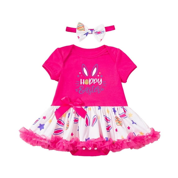 Gunia Easter Toddler Girl Outfit 2 Piece Set Printed Bunny Egg Romper With Hair Accessory Cute Holiday Dress Infants Clothes Set 1-18 Months
