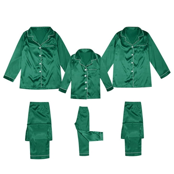 Gunia Family Christmas Pajamas Matching Sets Kids Satin Silk Button Down Pj Solid Two Piece Long Sleeve Silky Green Sleepwear Set