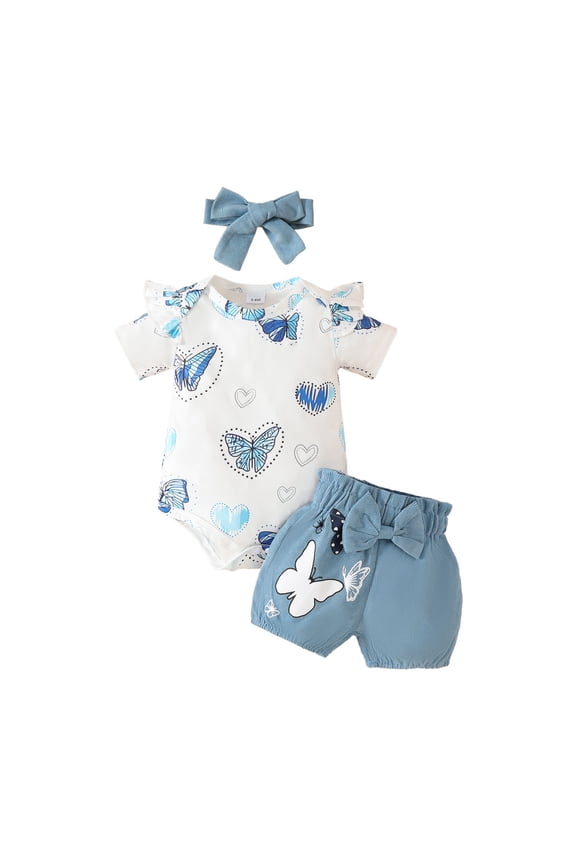 First Birthday Outfit Girl Infant Short Sleeve Cartoon Prints Romper Bodysuit Shorts Sweet 6-9 Months