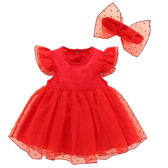 Gunia Flower Baby Girl Dresses Spring Summer Tulle Solid Sleeveless Birthday Party Romper Princess Headbands Clothes Formal Red Dress For Girls 0-12 Months