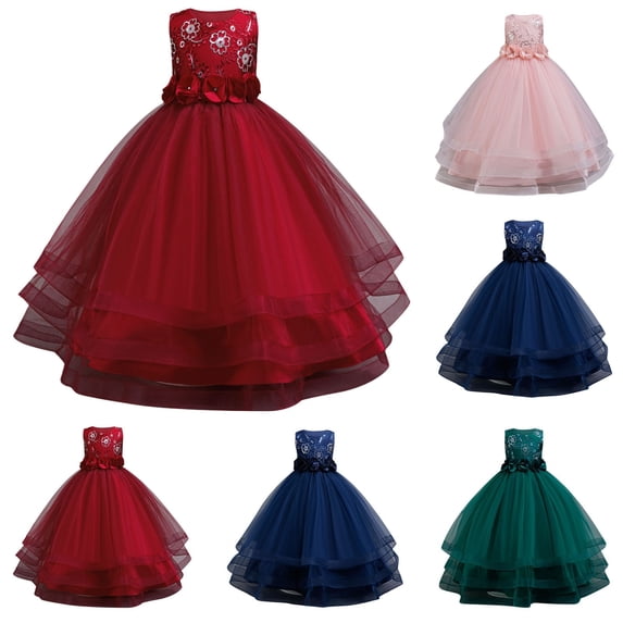Gunia Flower Girl Dress Sleeveless Embroidery Floral Gown Birthday Party Wedding Red Dress For Girls 3-12 Years